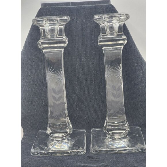 Vintage Westmoreland Etched Glass Candlestick Holders Elegant Square Base Design - Picture 2 of 11